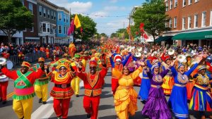 Colorful cultural parade in downtown Elizabeth, New Jersey, featuring dancers in traditional costumes and a cheering crowd