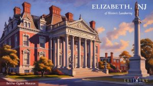 Belcher-Ogden Mansion and Boxwood Hall, historic landmark buildings in Elizabeth, NJ, under a bright sky