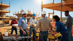 Architects and builders discussing blueprints at a construction site in Farmington, New Mexico, showcasing innovation and collaboration in local development.