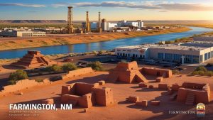 Farmington, NM – Aerial view of the Animas River, ancient ruins, and modern industrial buildings highlighting the blend of history and progress in the city.