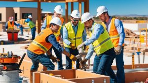 Construction workers collaborating on a project in Farmington, New Mexico, emphasizing teamwork and efficient project management in the construction industry.