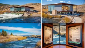 A contemporary glass-walled building overlooking a scenic waterfall at the Lewis and Clark Interpretive Center in Great Falls, Montana. The exhibit highlights the historic journey of the explorers with interactive displays and stunning riverfront views.