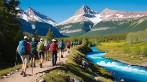 A group of hikers trekking along a scenic trail in Glacier National Park, surrounded by lush greenery, a crystal-clear blue river, and towering snow-capped mountains in the background.
