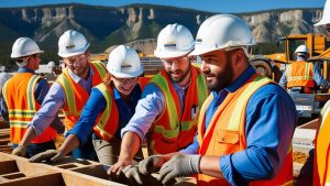 A diverse group of construction workers in safety vests and hard hats working together on a job site in Great Falls, Montana, with scenic mountains in the background.