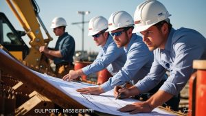 A team of engineers and construction workers in Gulfport, Mississippi, reviewing blueprints on a job site. They are wearing white hard hats and safety gear, with a large excavator and other construction equipment in the background.