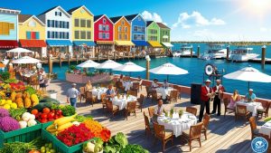 A vibrant waterfront scene in Gulfport, Mississippi, featuring an open-air dining area, fresh produce market, and colorful shops along the pier. People are enjoying meals under umbrellas while a live band plays, creating a lively coastal atmosphere.