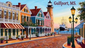 A picturesque street in Gulfport, Mississippi, lined with colorful historic buildings, cobblestone roads, and a prominent lighthouse. The image captures a classic Southern coastal charm with a ship docked in the background.