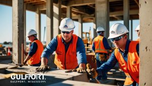 A group of construction workers wearing safety gear and orange vests, actively working on a commercial construction site in Gulfport, Mississippi. The background features concrete structures and a scenic waterfront.