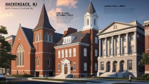 Historic buildings in Hackensack, NJ including the First Reformed Church and Johnson Public Library, featuring colonial architecture and clear signage.