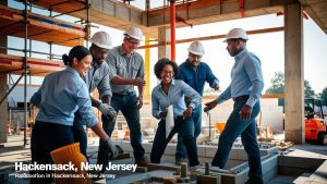 Diverse construction crew on site in Hackensack, New Jersey reviewing plans during a commercial building project.