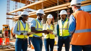 A group of contractors and engineers in safety gear, using tablets and documents to coordinate project details at a commercial construction site in Independence, Missouri.