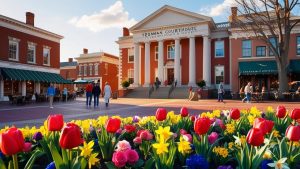 A scenic view of the Truman Courthouse in Independence, Missouri, with vibrant spring flowers in the foreground and people walking through the historic downtown square.