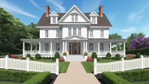 A beautifully maintained white Victorian-style home with a wrap-around porch and a white picket fence, surrounded by lush green landscaping in Independence, Missouri.