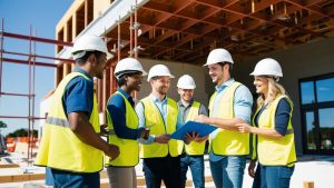 A diverse team of construction workers wearing hard hats and safety vests, discussing blueprints at an active job site in Independence, Missouri.