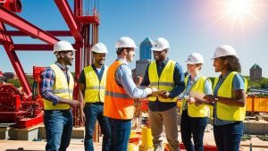 Construction professionals in safety gear reviewing documents at a job site in Jefferson City, Missouri, with cranes and high-rise buildings in the background under a sunny sky.