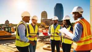 A group of diverse construction workers wearing safety vests and hard hats discussing a project at an active construction site in Jefferson City, Missouri, with the city skyline in the background.