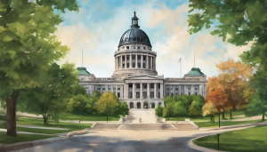 A scenic view of the Missouri State Capitol building in Jefferson City, surrounded by lush green trees and a blue sky, showcasing historic architecture.
