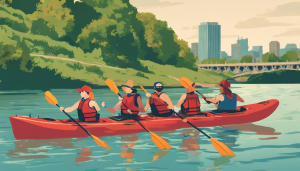 A group of people kayaking on the Missouri River near Jefferson City, Missouri, with lush greenery and a city skyline in the background.