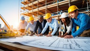A diverse team of construction professionals wearing hard hats reviews blueprints at an active construction site in Jersey City, NJ, with scaffolding and city buildings in the background.