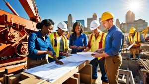 A collaborative team of construction professionals examining building plans at an active construction site in Kansas City, with the city skyline in the background.