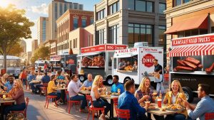 A lively street festival in Kansas City, Missouri, featuring food trucks serving BBQ ribs, fried chicken, and other local favorites. People are enjoying outdoor dining in a bustling city atmosphere.