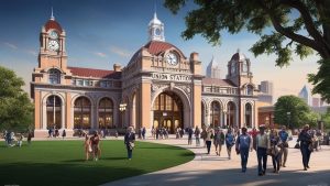 A stunning architectural view of Union Station in Kansas City, Missouri, with people walking on the green plaza. The historic train station stands as a cultural and transportation hub.