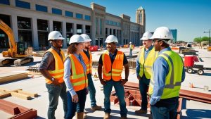 A diverse group of construction workers and engineers wearing safety vests and helmets, discussing a major development project in Kansas City, Missouri.