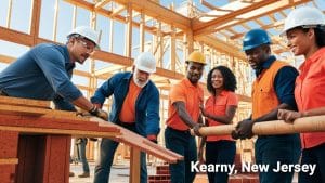 Construction professionals working on a wooden framework at a job site in Kearny, New Jersey. Diverse team collaborating to ensure project completion and compliance with bonding requirements.