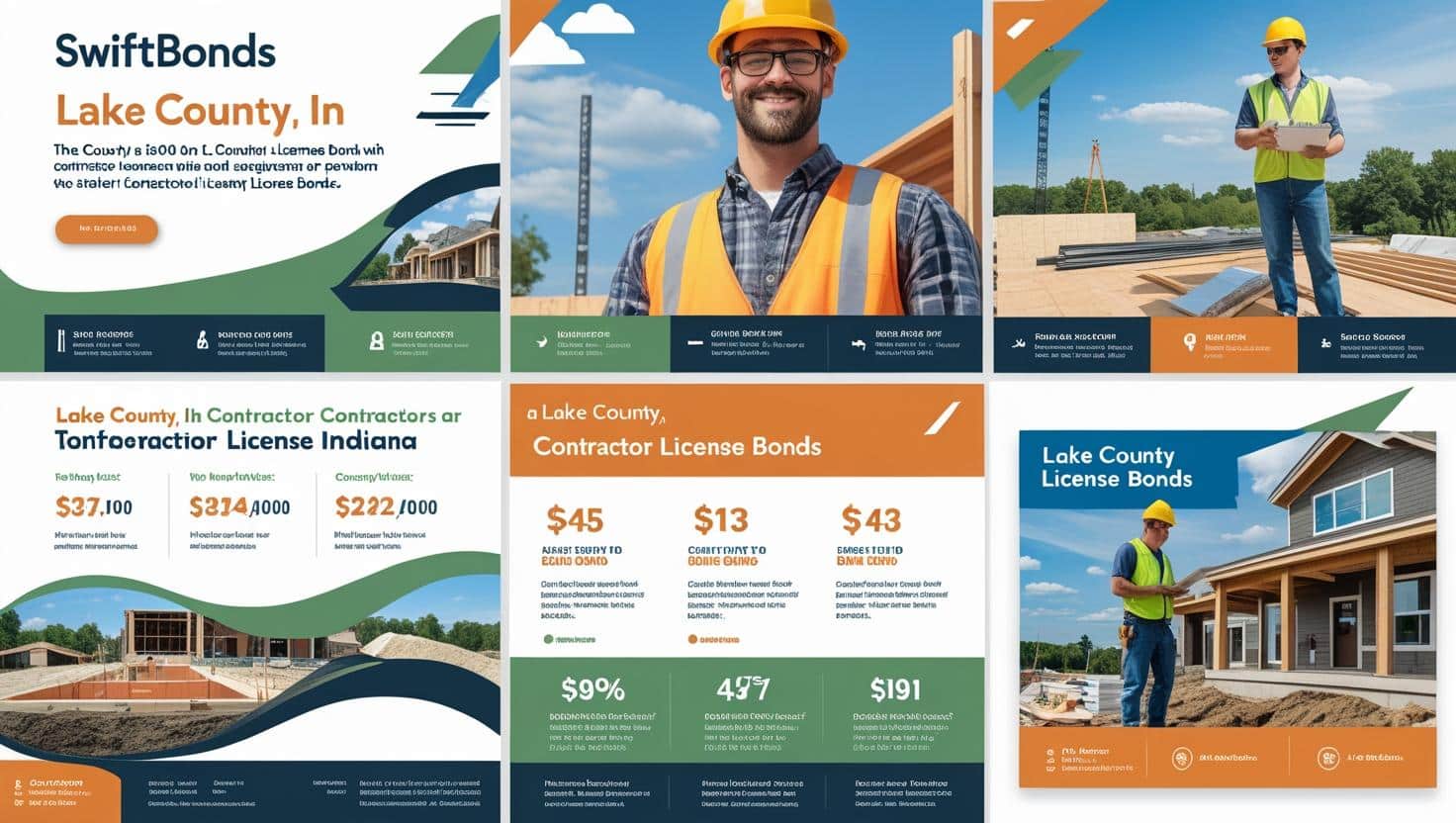Infographic showing requirements and costs for Lake County, IN contractor license bonds with construction visuals.
