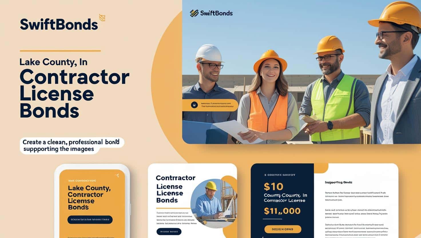 Professional graphics and contractor imagery explaining Lake County, IN contractor license bond compliance.