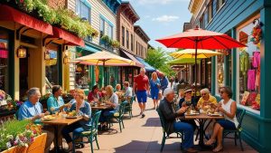 Charming downtown Lakeville, Minnesota, featuring outdoor dining with colorful umbrellas, boutique shops, and people enjoying a vibrant street café experience.
