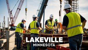 Construction workers in Lakeville, Minnesota, wearing safety vests and hard hats, actively working on a commercial building project with cranes in the background.