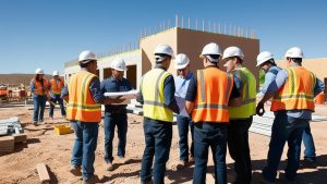 Construction professionals reviewing blueprints at a site in Las Cruces, New Mexico, collaborating effectively with safety gear and hard hats.