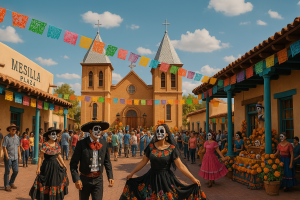 Vibrant Dia de los Muertos celebration at Mesilla Plaza in Las Cruces, New Mexico, with colorful papel picado, dancers in traditional attire, and adobe buildings highlighting the festive atmosphere.