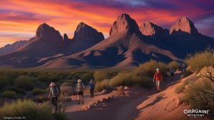 Scenic view of hikers exploring the Organ Mountains in Las Cruces, New Mexico, with a dramatic sunset casting warm hues over the desert landscape.
