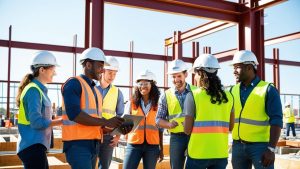 A team of engineers and contractors reviewing project plans at a commercial construction site in Lee’s Summit, Missouri, emphasizing teamwork and project management.