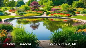 A scenic view of Powell Gardens in Lee’s Summit, Missouri, featuring a reflective pond surrounded by vibrant flowers, lush greenery, and winding pathways.