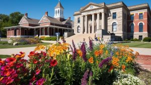 A historic courthouse and train depot in downtown Lee’s Summit, Missouri, with colorful flowers in the foreground, showcasing the city’s rich architectural heritage.