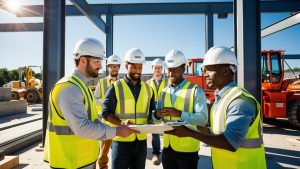 A group of construction workers wearing safety vests and hard hats discussing project details at an active construction site in Lee’s Summit, Missouri.