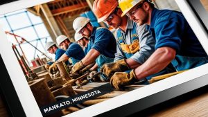 A group of construction workers in blue uniforms and safety gear, including hard hats and gloves, working on a building project in Mankato, Minnesota, showcasing skilled labor and teamwork.