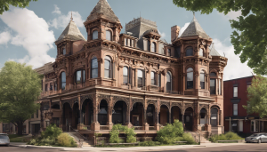 A beautifully preserved historic brick building in Mankato, Minnesota, featuring intricate architectural details, arched windows, and decorative balconies with lush greenery surrounding it.