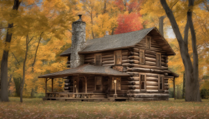 A picturesque log cabin surrounded by vibrant autumn trees in Maplewood, MN. Captures the charm of rural living in Minnesota.