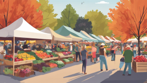 A lively outdoor farmers market in Maplewood, Minnesota, featuring fresh produce, local vendors, and shoppers under colorful fall foliage.