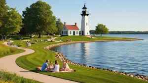 A scenic lakeside park in Minnetonka, Minnesota, featuring a historic lighthouse, lush green walking trails, and families enjoying a picnic by the water.