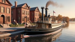 A vintage steamboat named "Minnetonka" docked near historic red-brick buildings, with American flags flying, capturing the rich maritime history of the region.