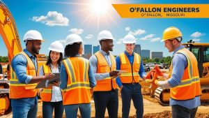 Engineers and construction workers in high-visibility vests and hard hats discussing project plans at a worksite in O’Fallon, Missouri, with cranes and heavy equipment in the background, showcasing the city’s growing construction industry.