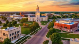 Aerial view of O’Fallon, Missouri, at sunset, featuring historic buildings, green spaces, and the city hall. The vibrant skyline highlights the city’s growth and development opportunities.