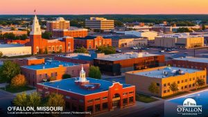 A panoramic view of downtown O’Fallon, Missouri, showcasing historic red-brick buildings, modern infrastructure, and a warm sunset sky, emphasizing the city’s economic and commercial expansion.