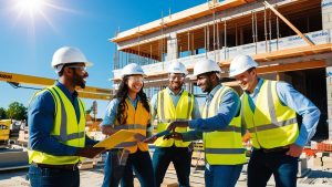 A diverse group of construction professionals wearing safety gear, reviewing blueprints at an active construction site in O’Fallon, Missouri, highlighting teamwork and infrastructure development.