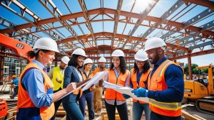 Group of construction professionals in hard hats and safety vests discussing project plans at a steel-framed building site in Paterson, NJ.